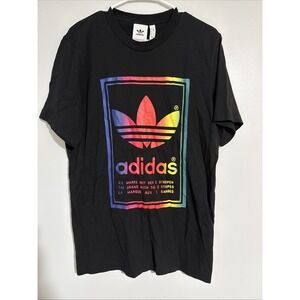 Adidas Mens Size M T-Shirt Black Logo Rainbow Graphic Tee Front Back Reverse